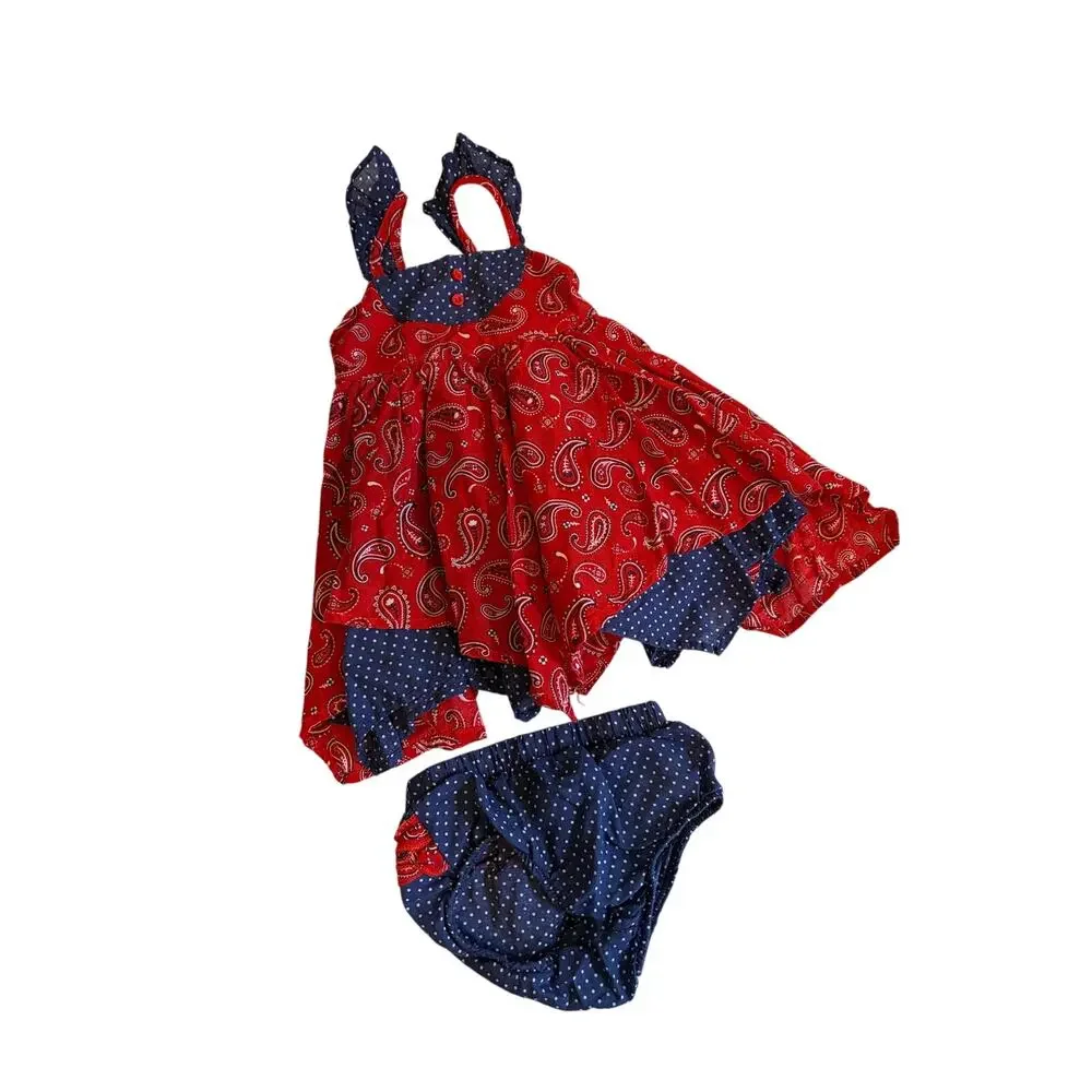 Nannette Baby Bandana 2 Pc Outfit Red Blue Pasiley Print Dress Size 12M Rodeo